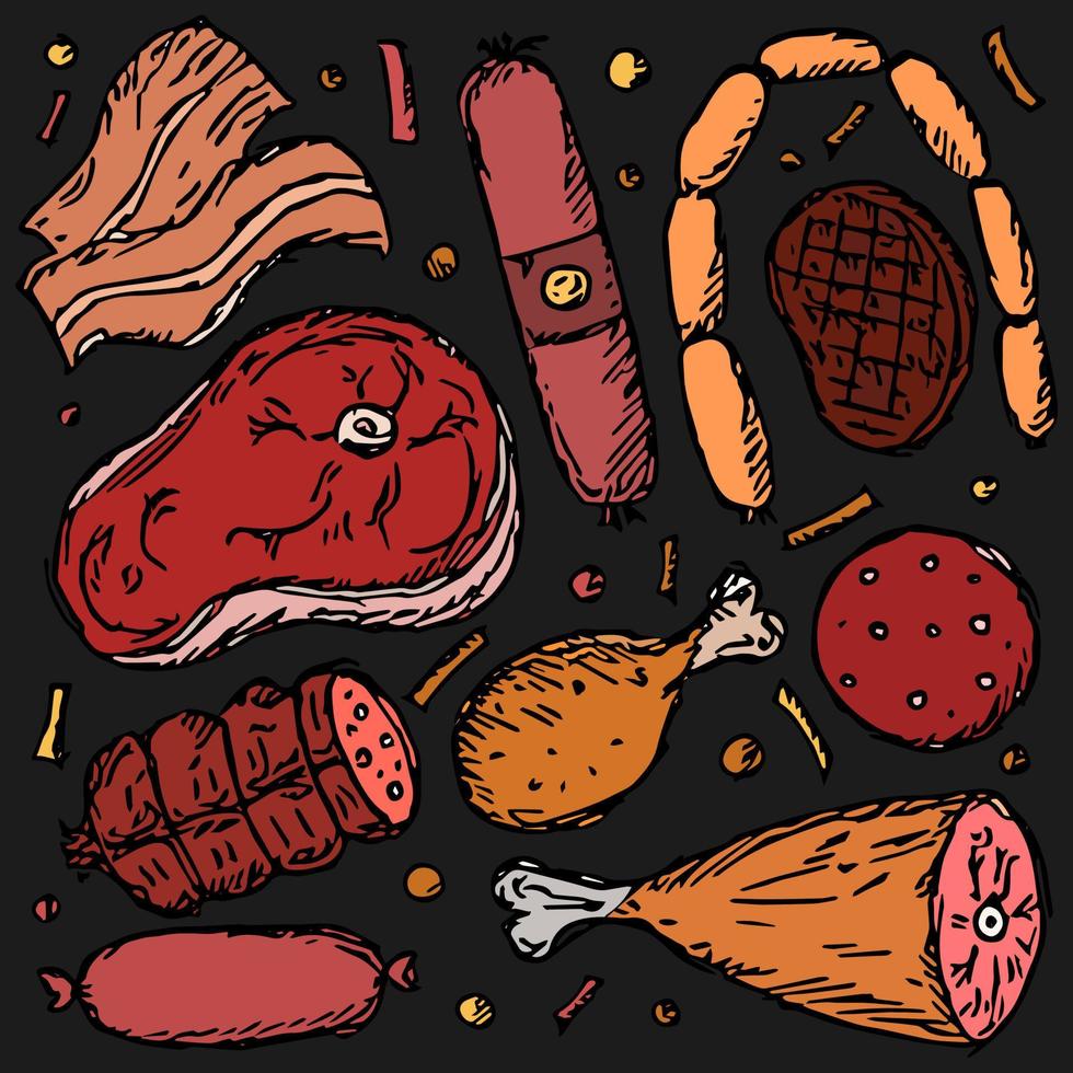 icone di carne colorate. doodle illustrazione vettoriale con icone di prodotti a base di carne