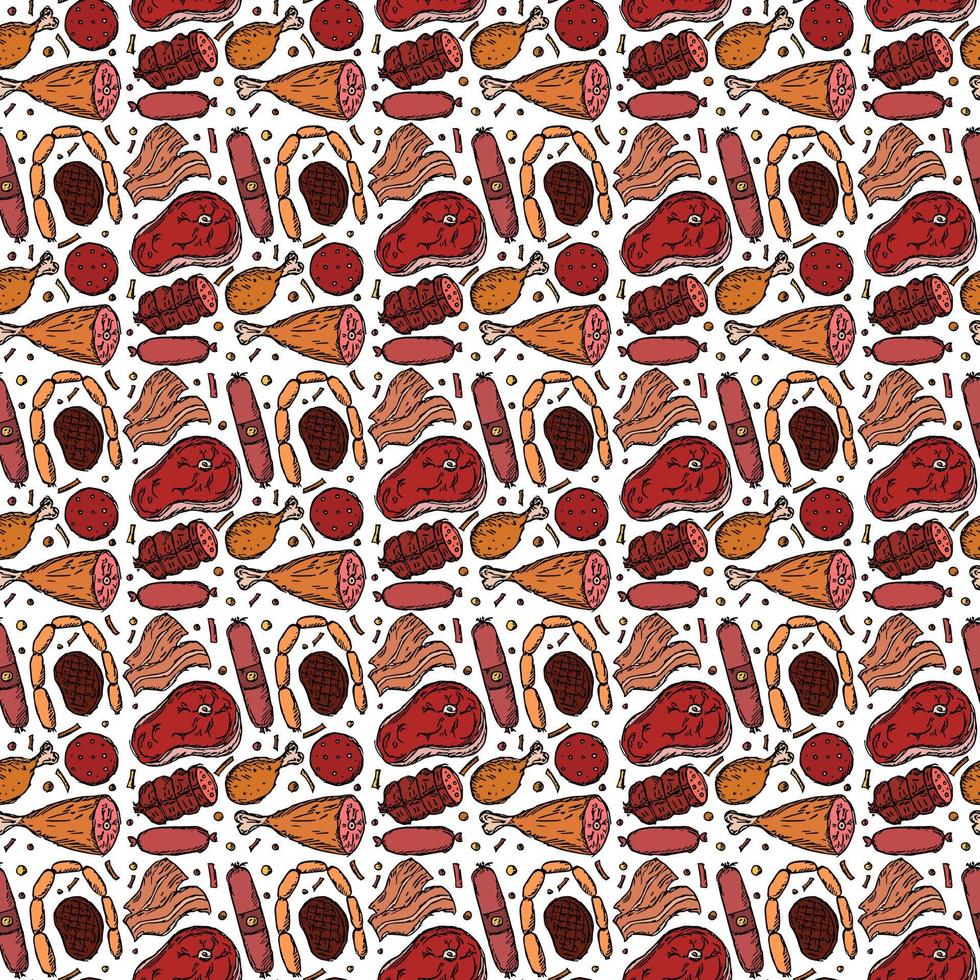 modello di carne senza cuciture. sfondo di carne colorata. doodle illustrazione vettoriale con icone di prodotti a base di carne