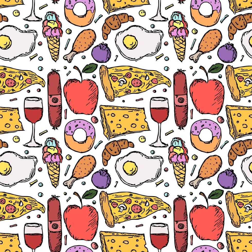 modello di cibo senza soluzione di continuità. sfondo di cibo. doodle illustrazione vettoriale con icona di cibo