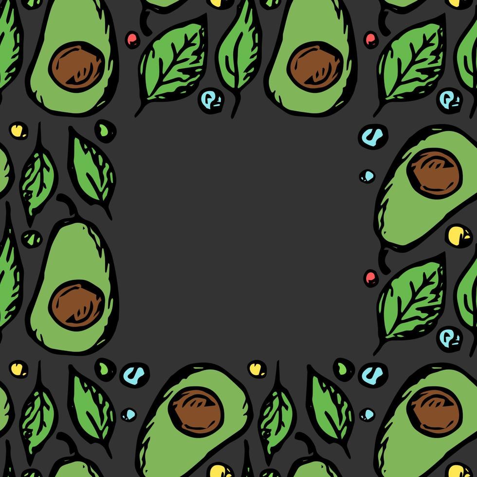 modello avocado senza cuciture con posto per il testo. sfondo di avocado colorato. doodle illustrazione vettoriale con frutta