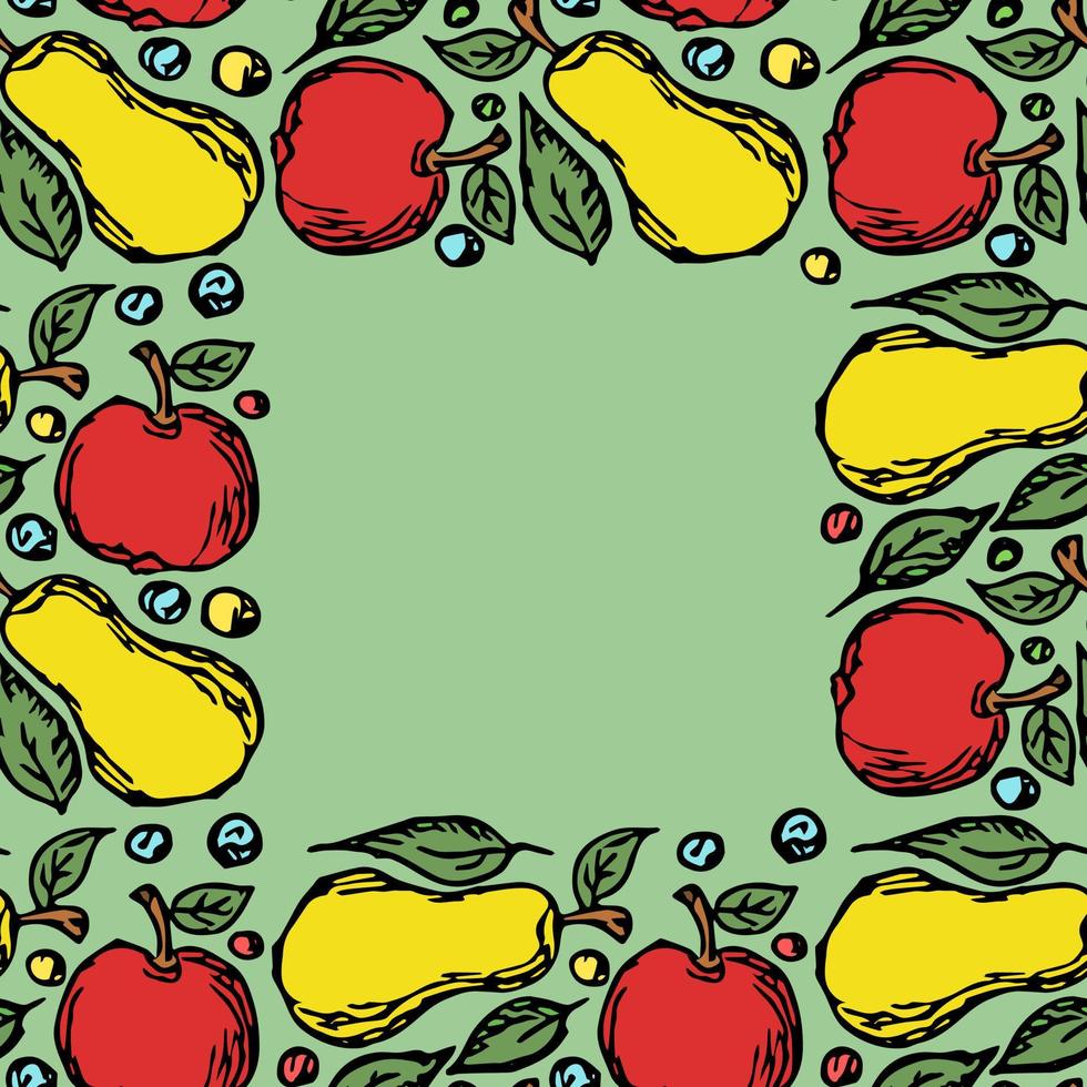 modello di frutta senza soluzione di continuità. sfondo colorato mela e pera. doodle illustrazione vettoriale con frutta