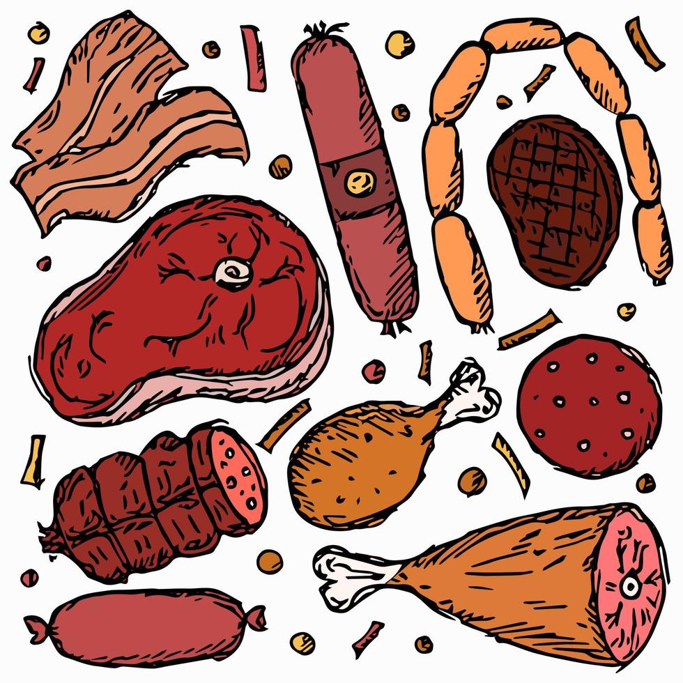 icone di carne colorate. doodle illustrazione vettoriale con icone di prodotti a base di carne