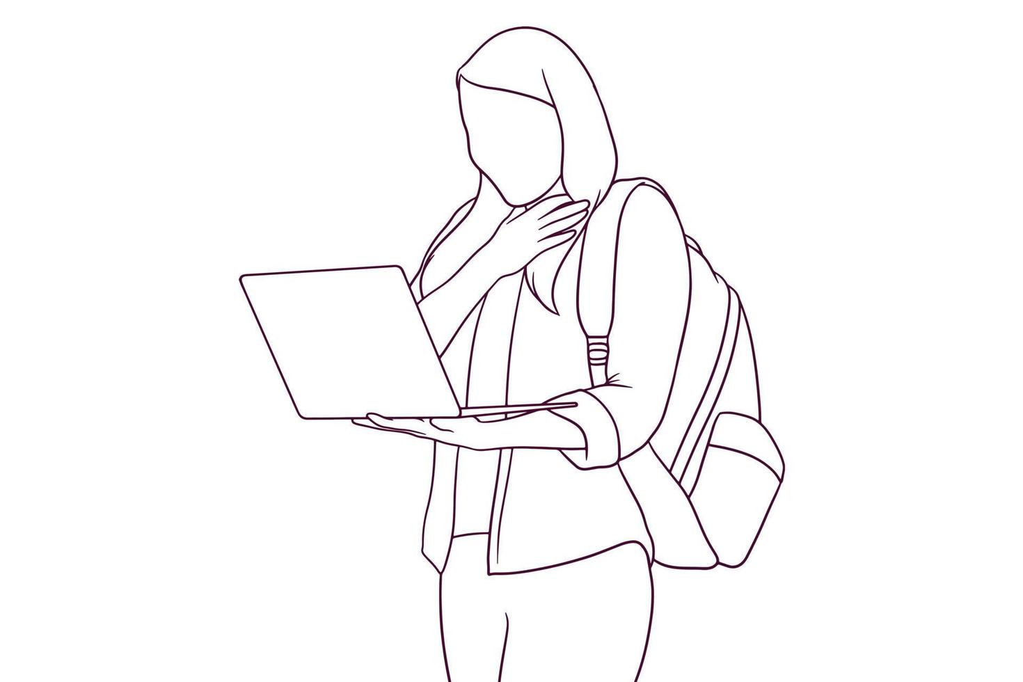 studentessa sorpresa con lo zaino mentre si utilizza il laptop. illustrazione vettoriale in stile disegnato a mano