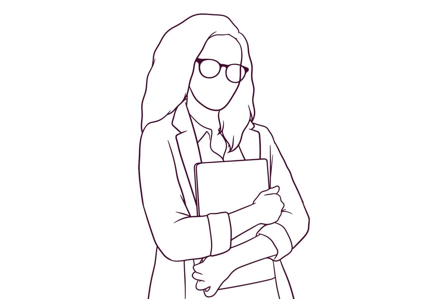 giovane imprenditrice con gli occhiali in possesso di un computer portatile. concetto di affari. illustrazione vettoriale in stile disegnato a mano
