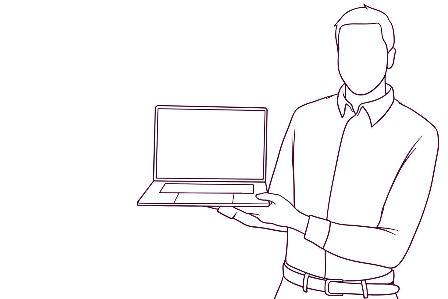 uomo d'affari in piedi mentre si tiene un laptop. illustrazione vettoriale in stile disegnato a mano