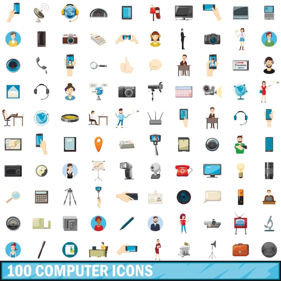 100 icone del computer impostate, stile cartone animato vettore