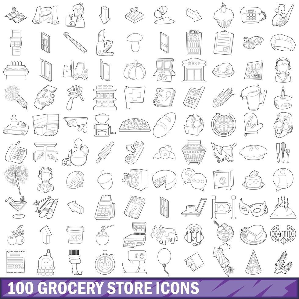 100 set di icone di negozio di alimentari, stile contorno vettore