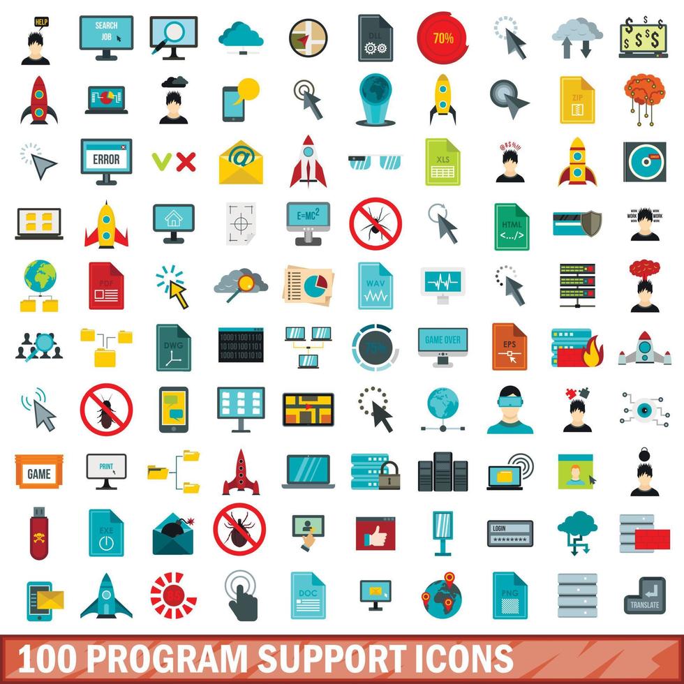 100 icone di supporto del programma impostate, stile piatto vettore