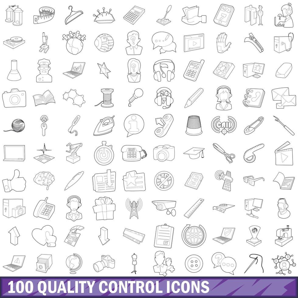 100 icone di controllo qualità impostate, stile contorno vettore