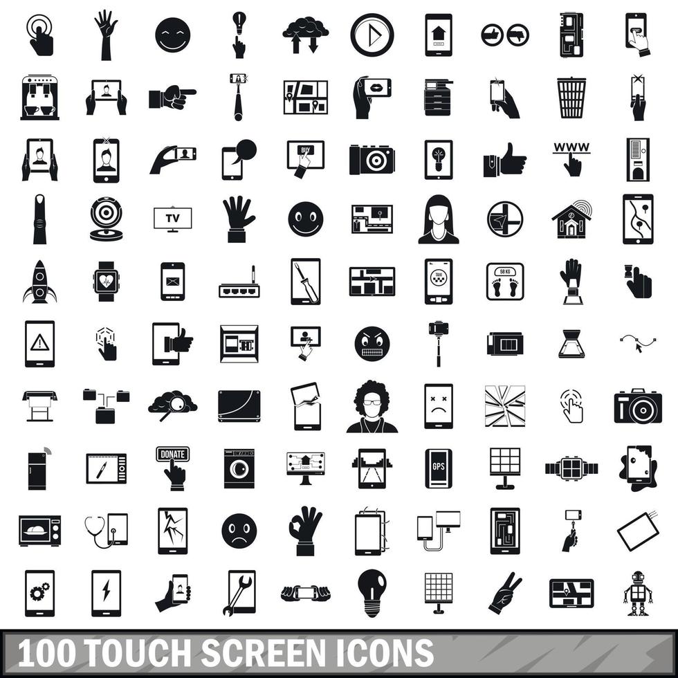 100 icone touch screen impostate, stile semplice vettore
