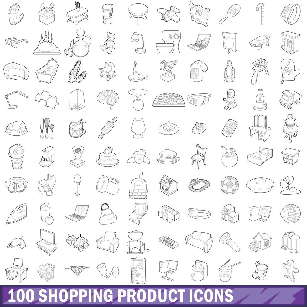100 icone di prodotti per lo shopping impostate, stile contorno vettore