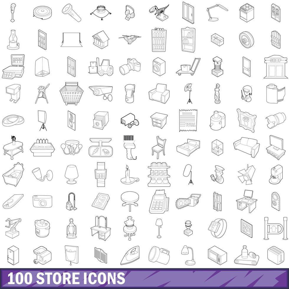 100 icone del negozio impostate, stile contorno vettore