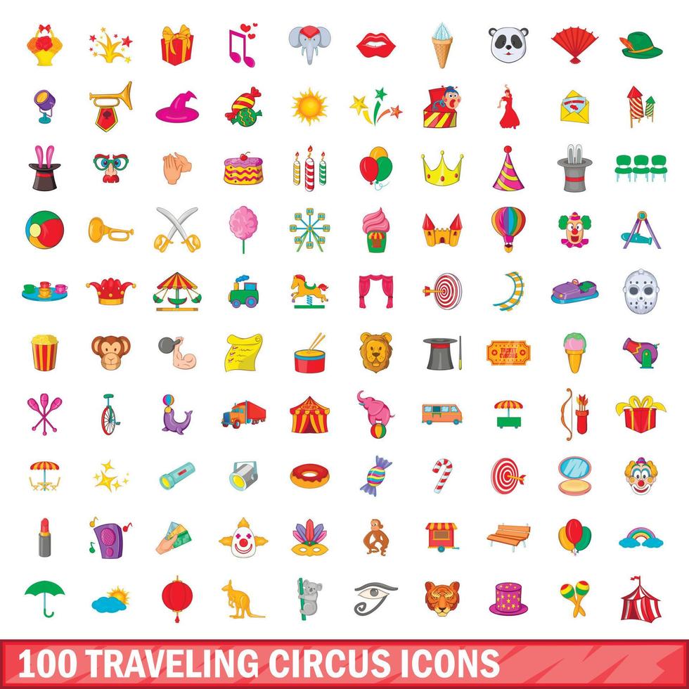 100 set di icone del circo itinerante, stile cartone animato vettore