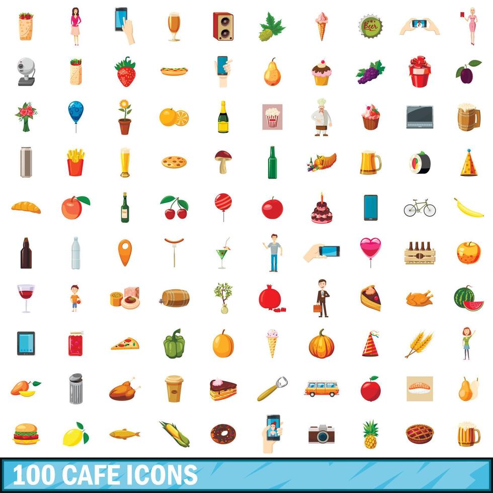 100 icone di caffè impostate, stile cartone animato vettore
