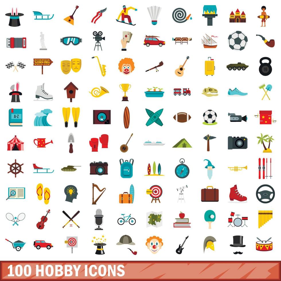 100 icone hobby impostate, stile piatto vettore