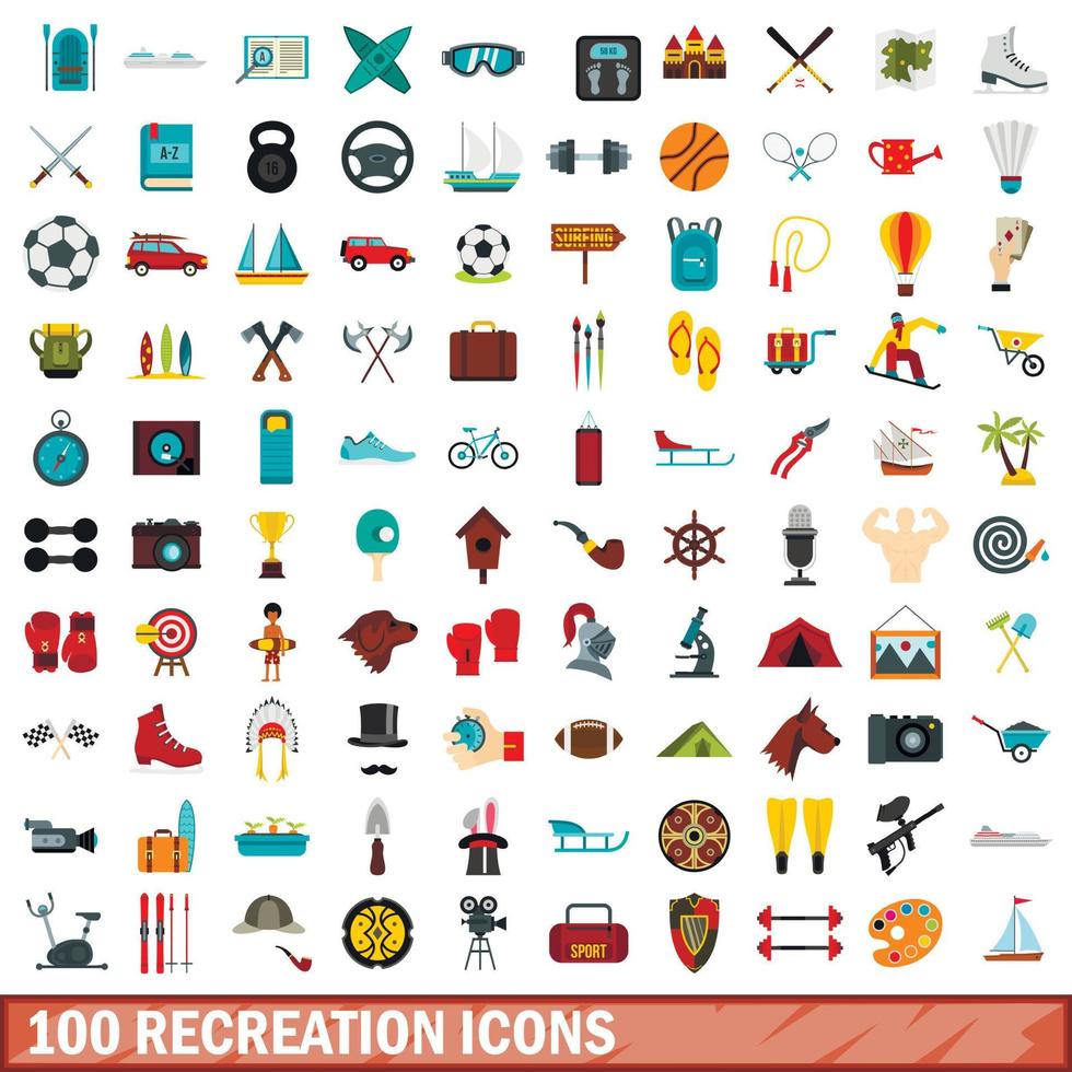 100 icone di ricreazione impostate, stile piatto vettore