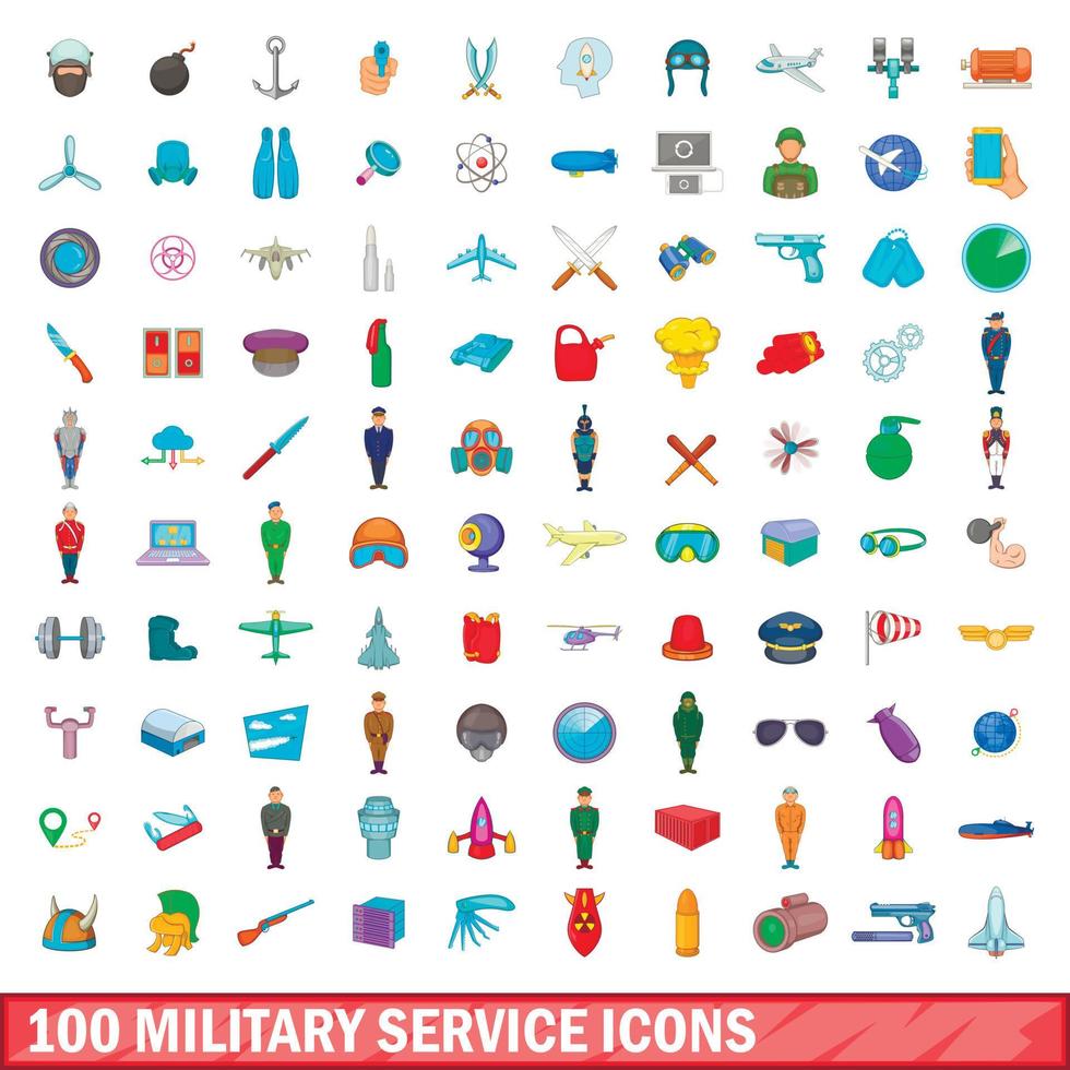 100 set di icone del servizio militare, stile cartone animato vettore