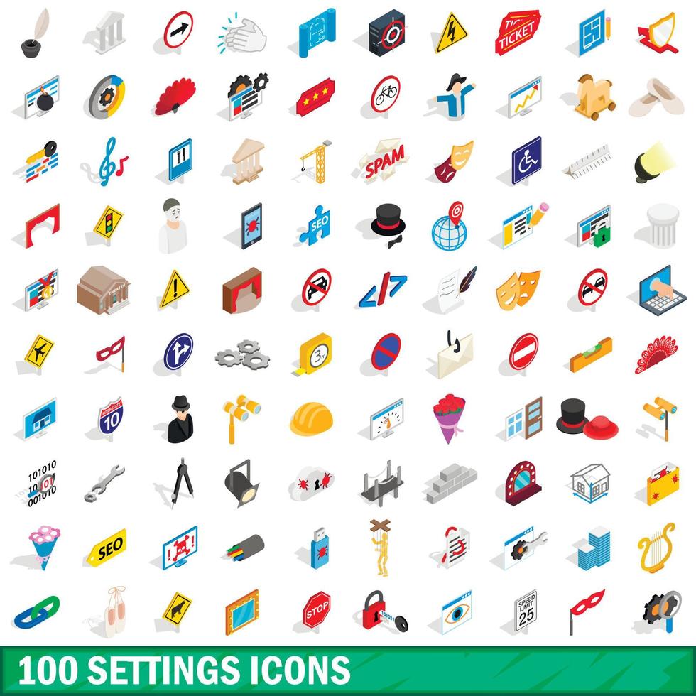 100 icone delle impostazioni impostate, stile 3d isometrico vettore