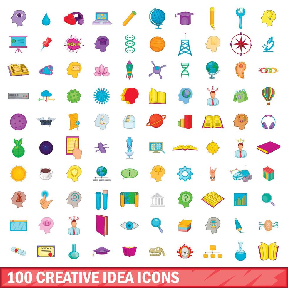 100 icone di idee creative impostate, stile cartone animato vettore