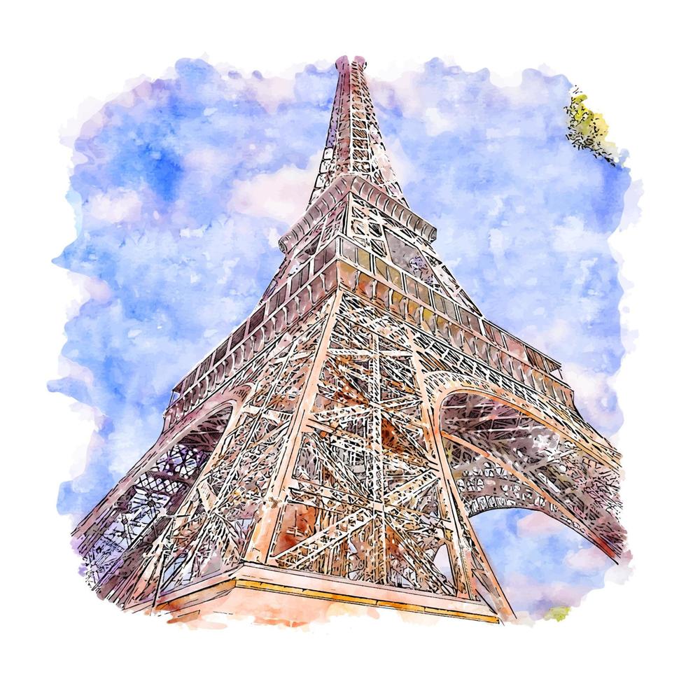illustrazione disegnata a mano di schizzo dell'acquerello della torre eiffel di parigi francia vettore