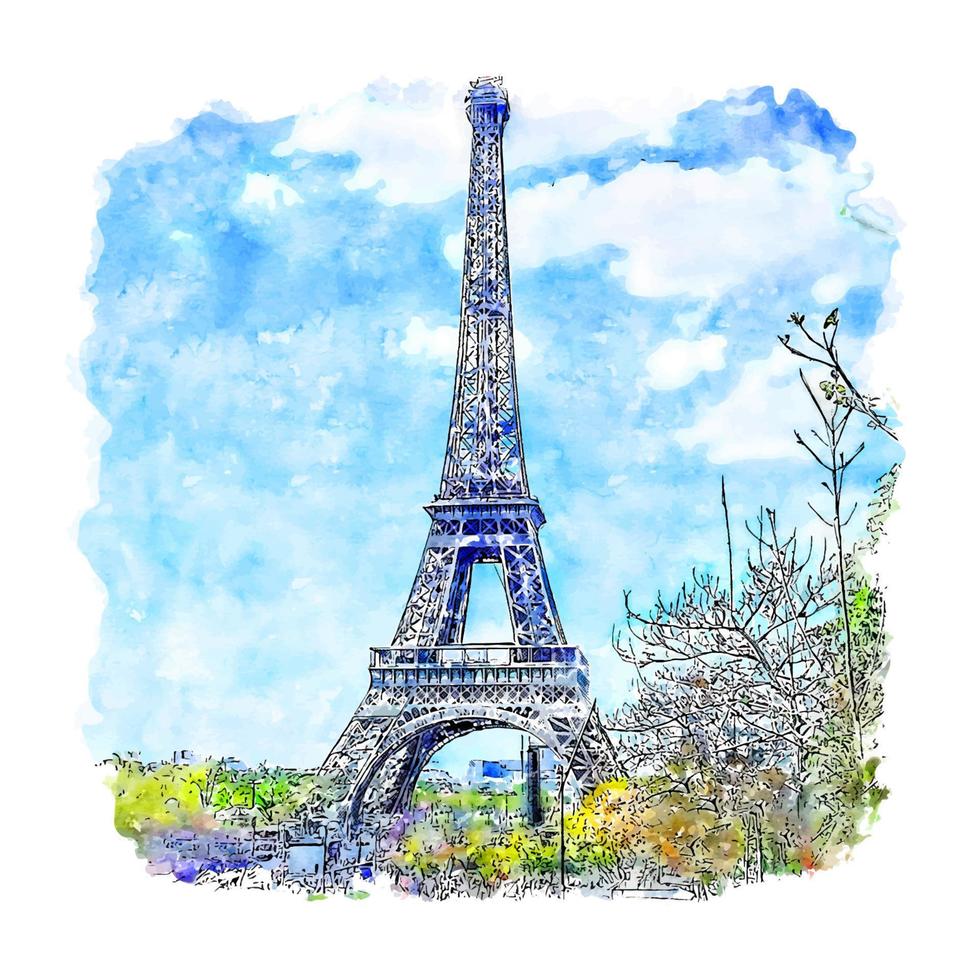 illustrazione disegnata a mano di schizzo dell'acquerello della torre eiffel di parigi francia vettore