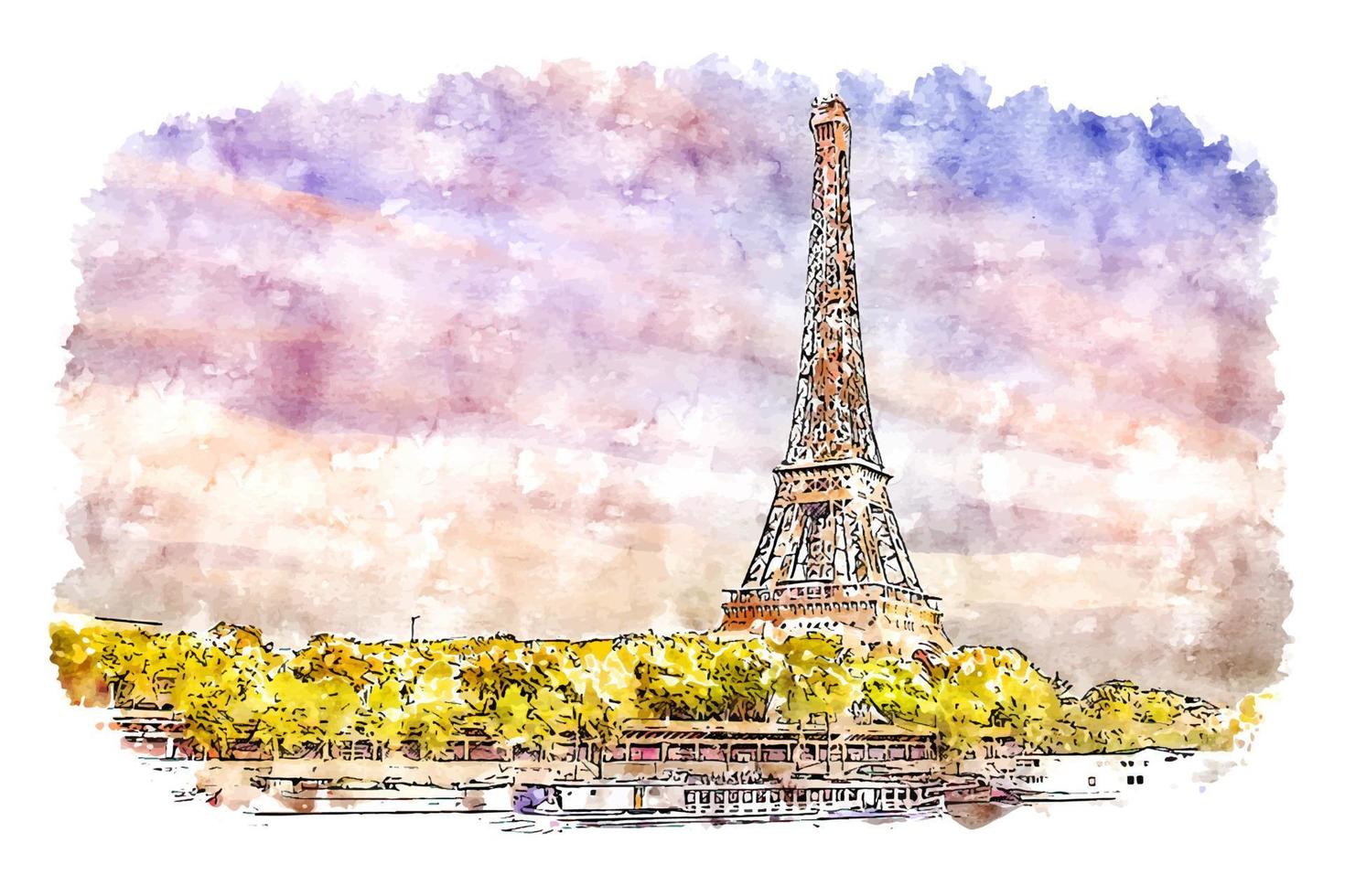 illustrazione disegnata a mano di schizzo dell'acquerello di Parigi della torre eiffel del paesaggio vettore