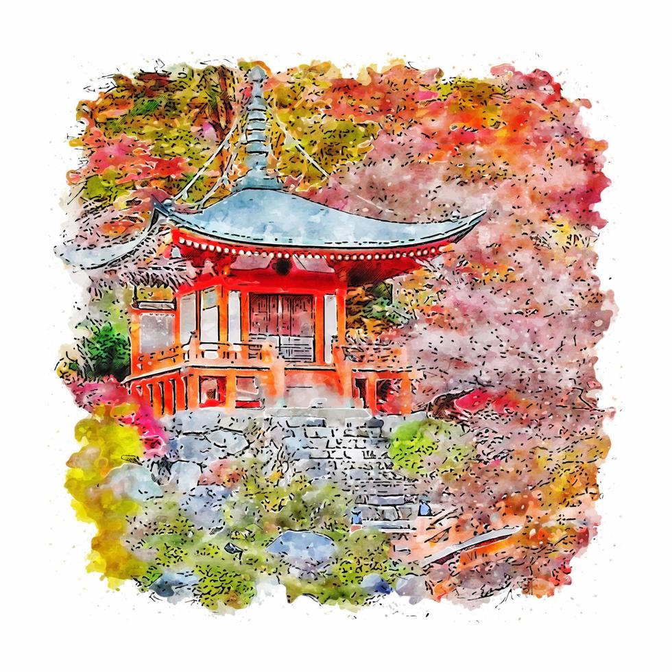 illustrazione disegnata a mano di schizzo dell'acquerello di autunno del castello di tokyo del giappone vettore