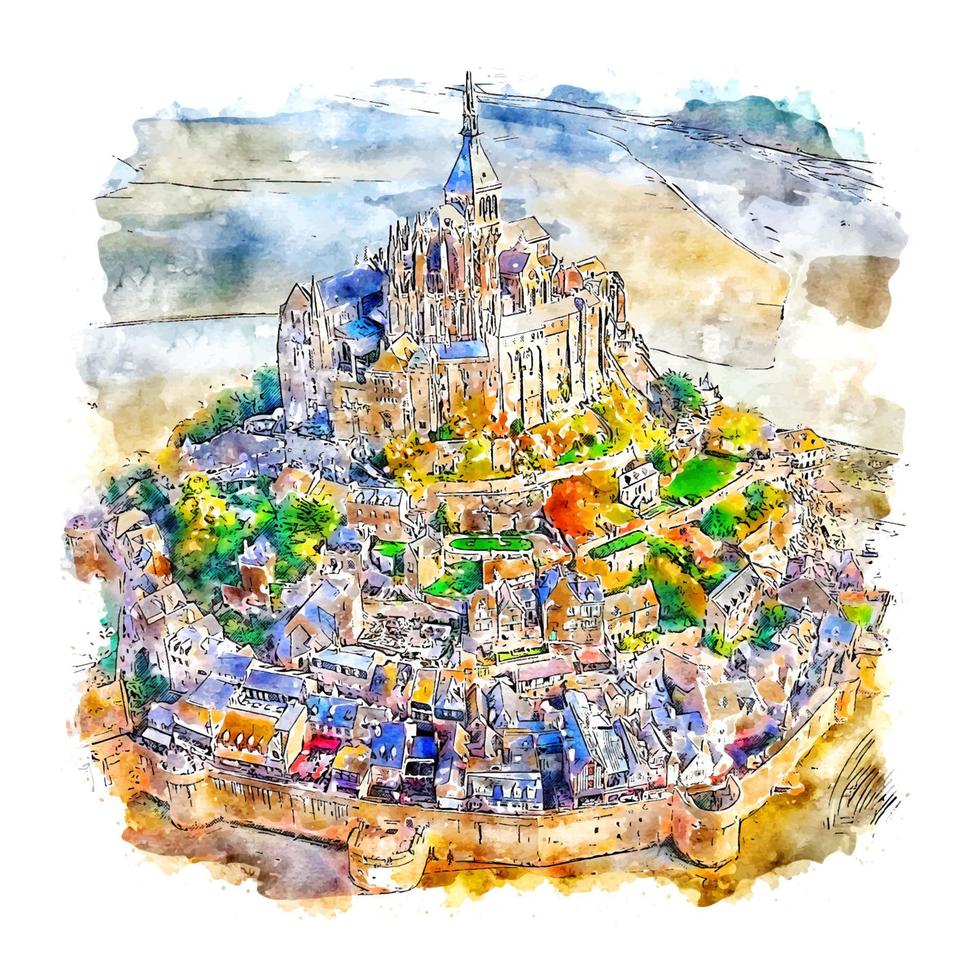 illustrazione disegnata a mano di schizzo dell'acquerello di mont saint michel francia vettore