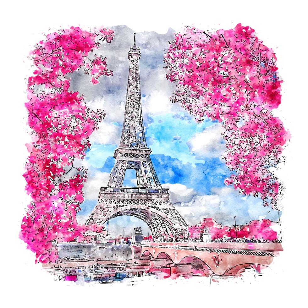 illustrazione disegnata a mano di schizzo dell'acquerello di parigi francia vettore