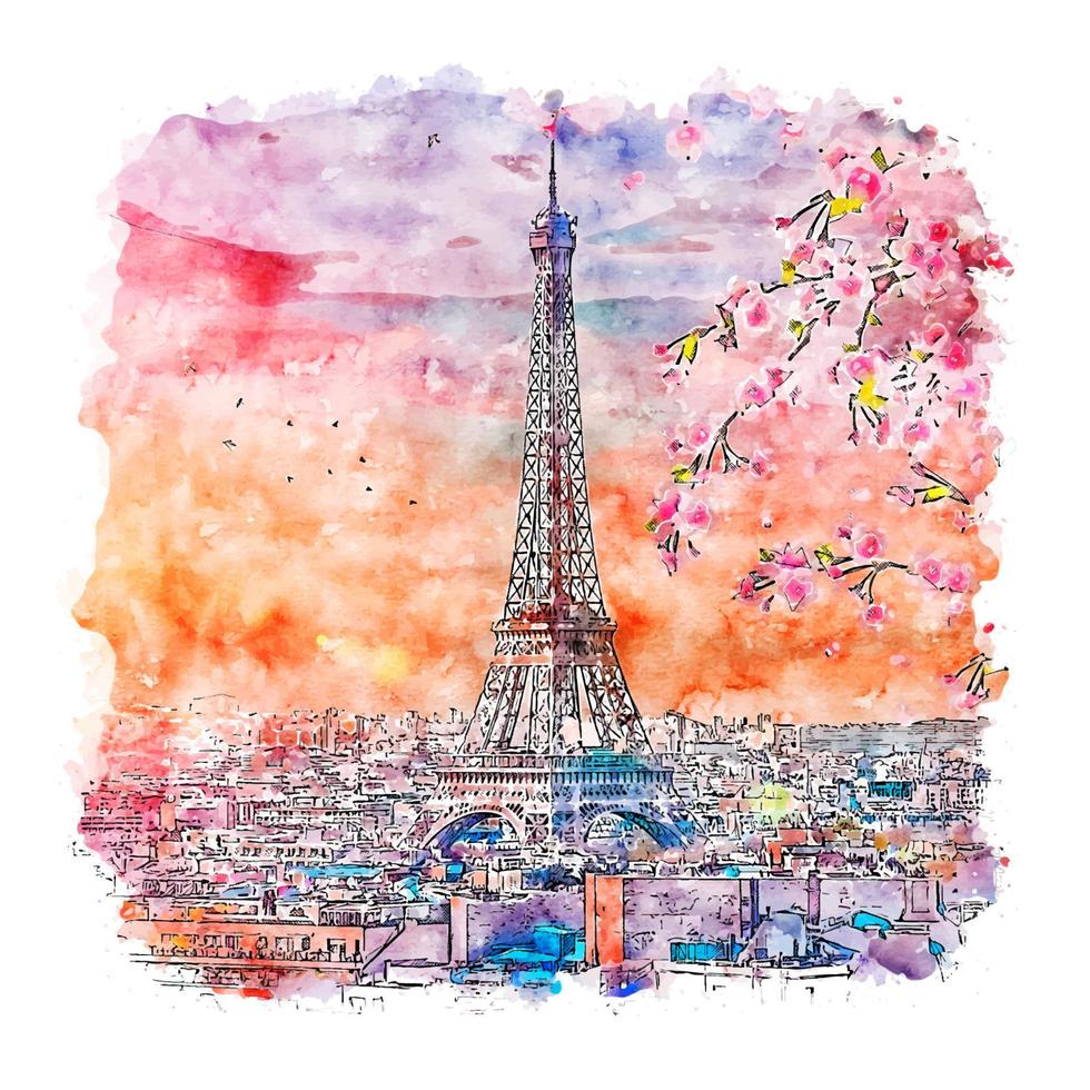 illustrazione disegnata a mano di schizzo dell'acquerello di tramonto parigi francia vettore
