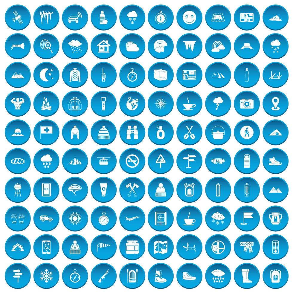 100 icone di alpinismo impostate in blu vettore