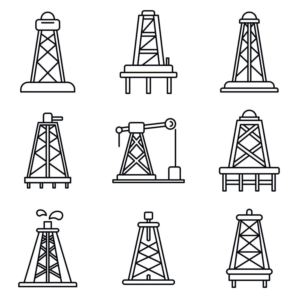 Set di icone dell'olio di derrick, stile del contorno vettore