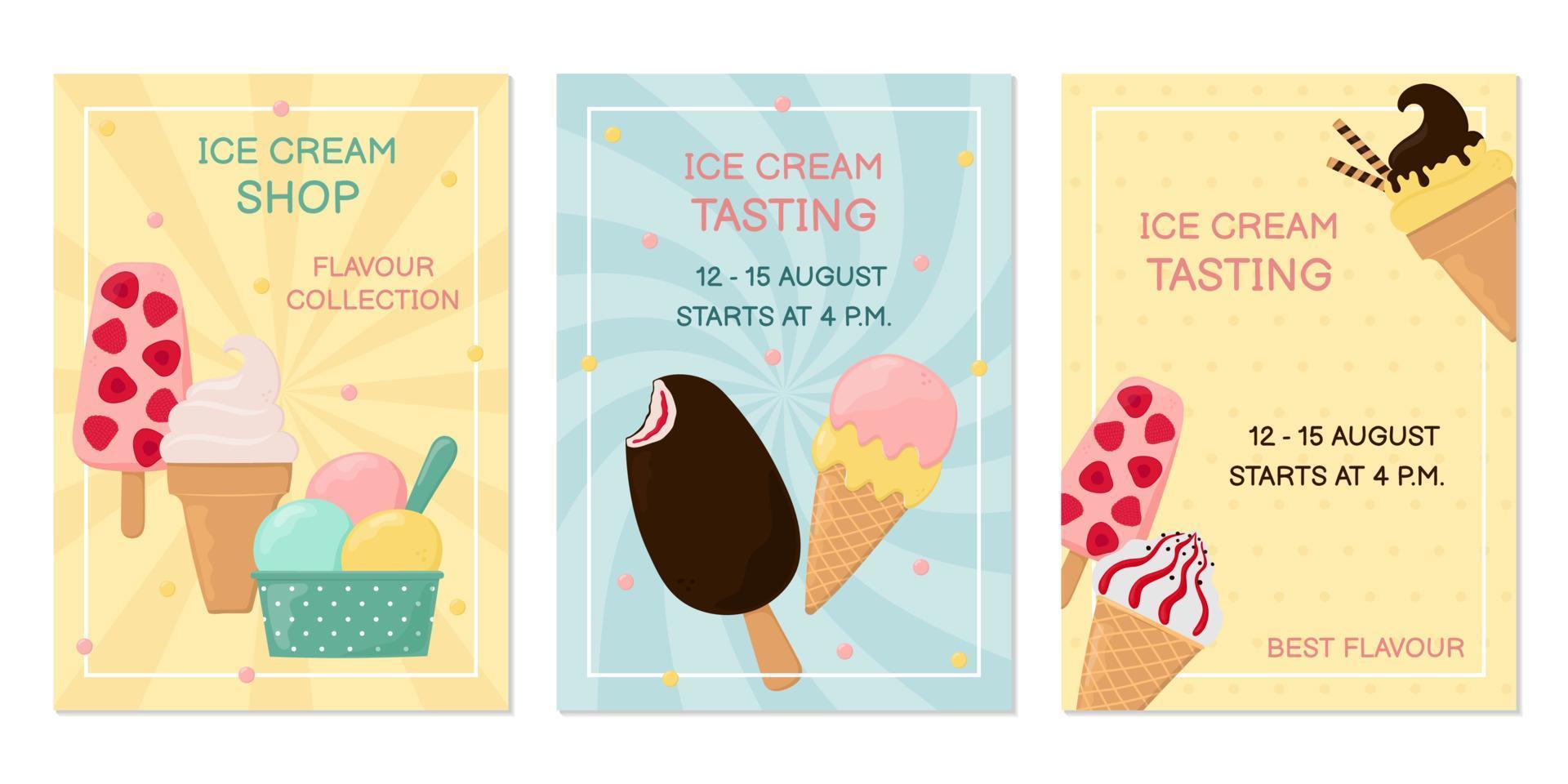 set di poster con inviti alla degustazione di gelati e gelateria. modello per poster, banner, carta e volantino vettore