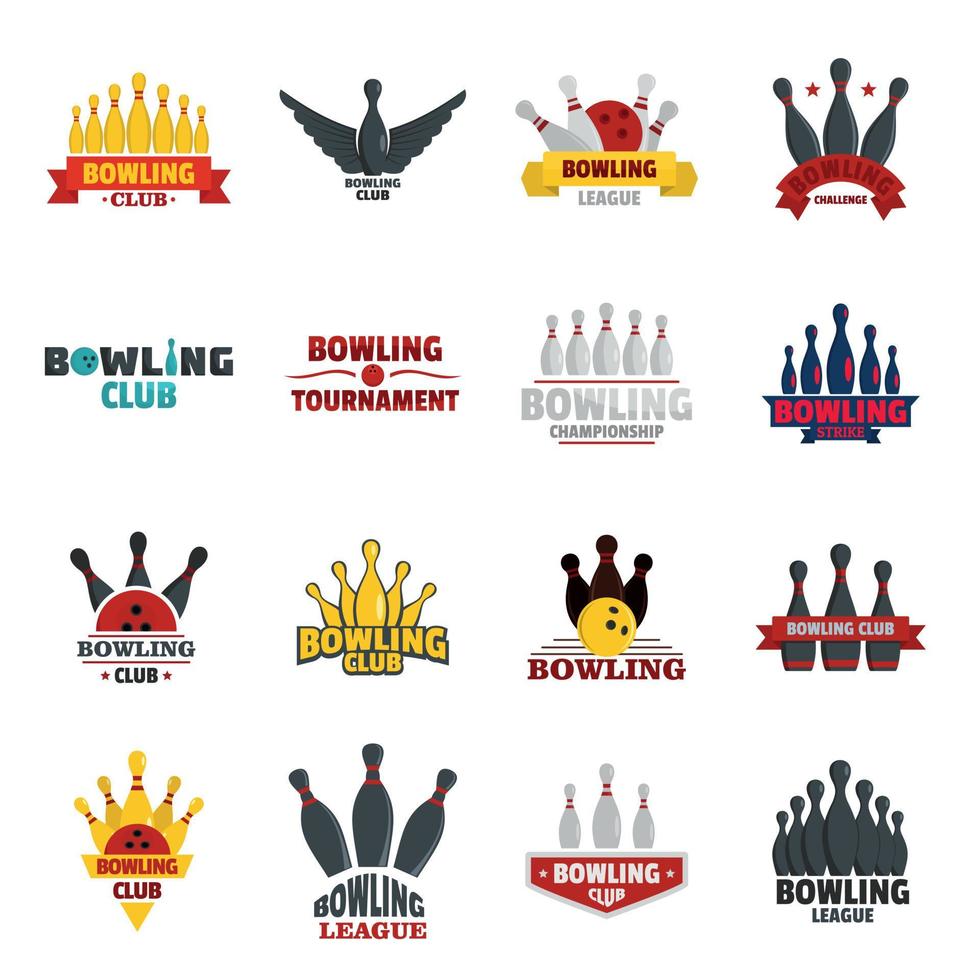 set logo gioco bowling kegling, stile piatto vettore