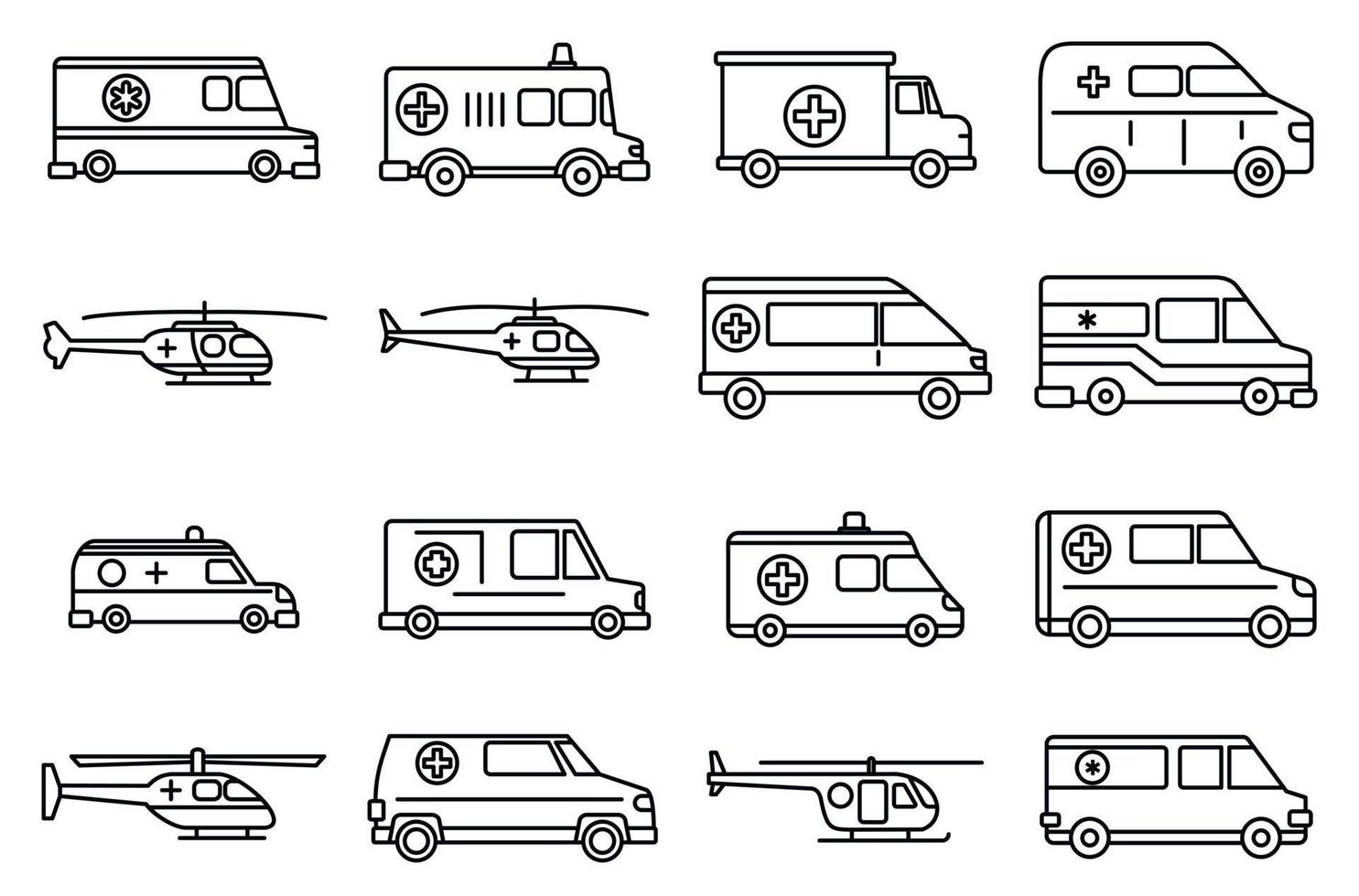 set di icone dell'ambulanza di salvataggio, stile del contorno vettore