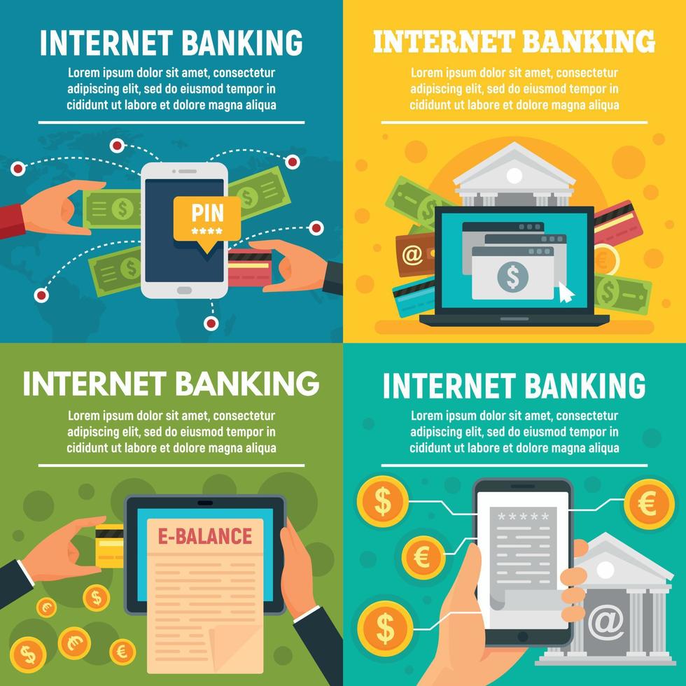 set di banner di internet banking, stile piatto vettore