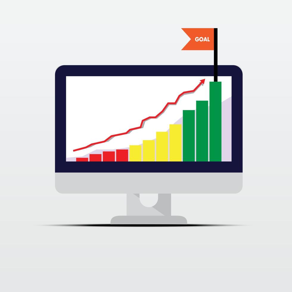 un grafico a barre finanziario con una crescita vertiginosa al rialzo con la bandiera rossa nella parte superiore più alta del monitor del computer - con un grafico a freccia in rialzo sopra di essi. avviare un concept design piatto con profitto di mercato. vettore