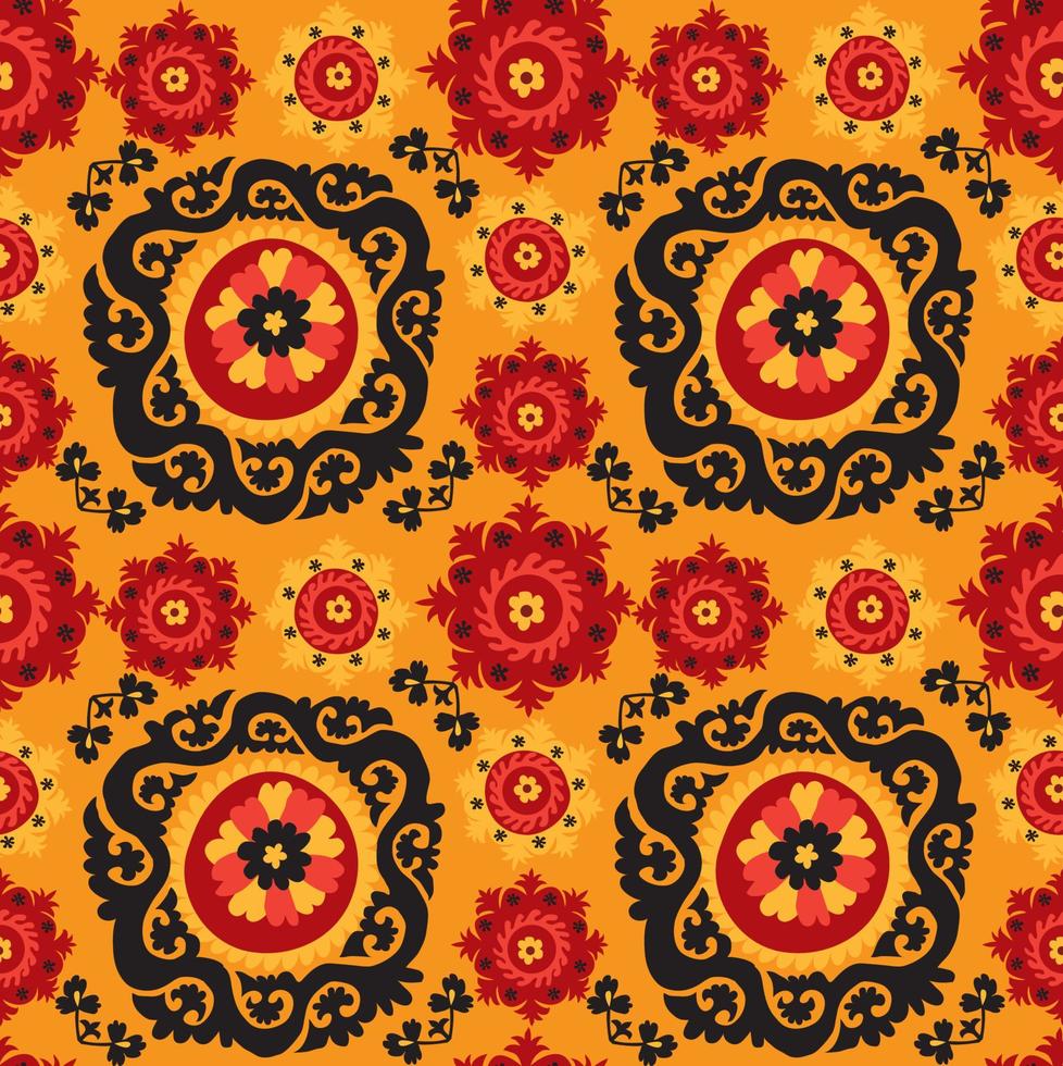 nero, rosso e arancione ricamo tradizionale tappeto asiatico suzanne. motivo floreale decorativo etnico uzbeko per tappeto, tessuto, tovaglia vettore