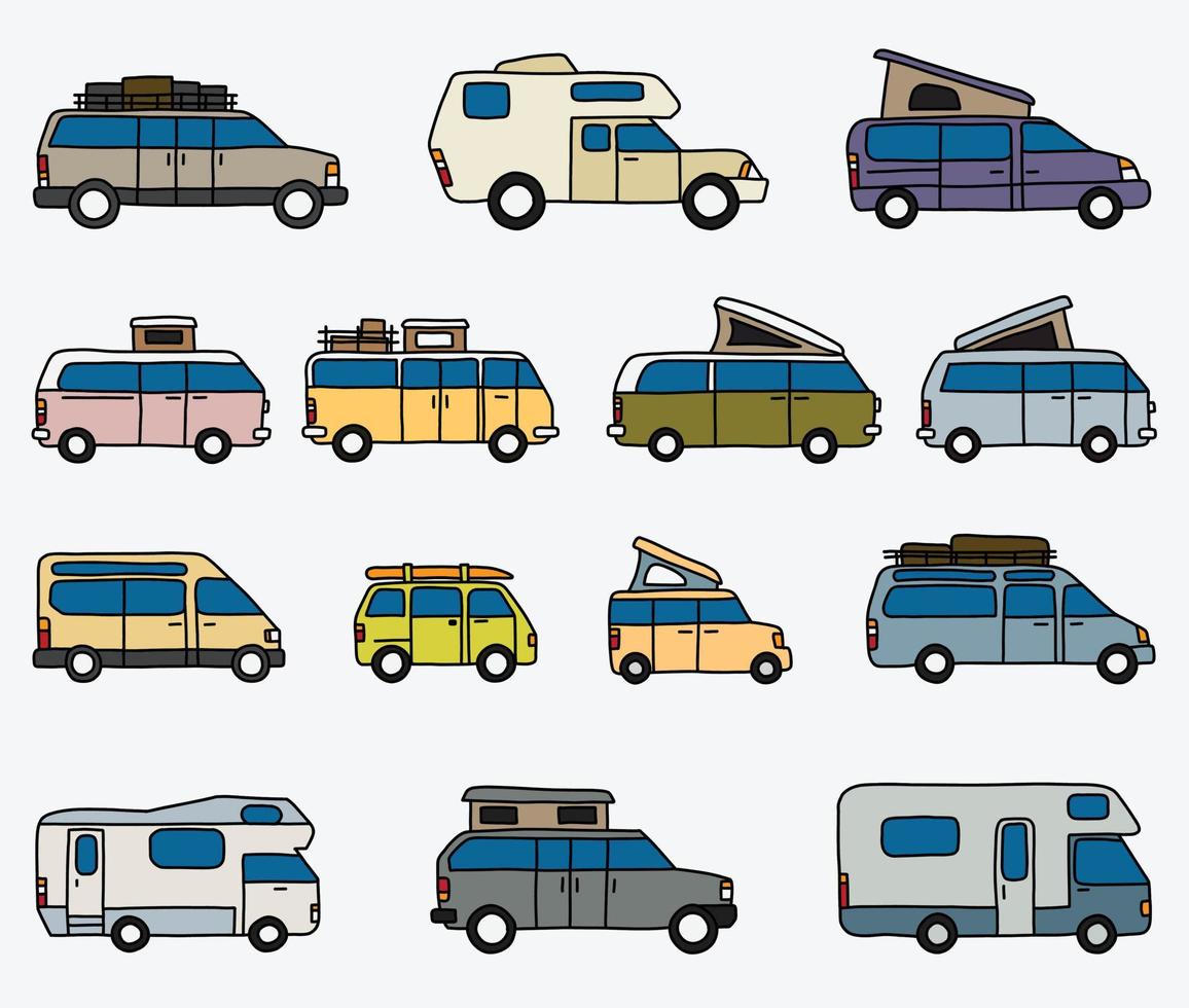 auto da campeggio e veicolo ricreativo doodle collezione di disegni a mano libera. vettore