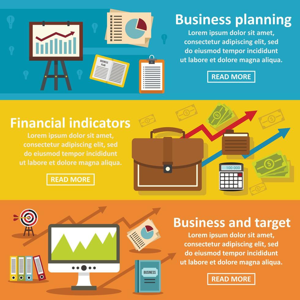 set orizzontale banner business plan, stile piatto vettore