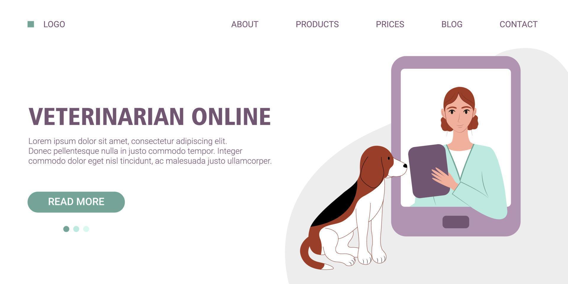 banner web di consulenza online veterinaria. una veterinaria tratta un beagle online. servizio online veterinario per cani. illustrazione vettoriale in stile piatto.