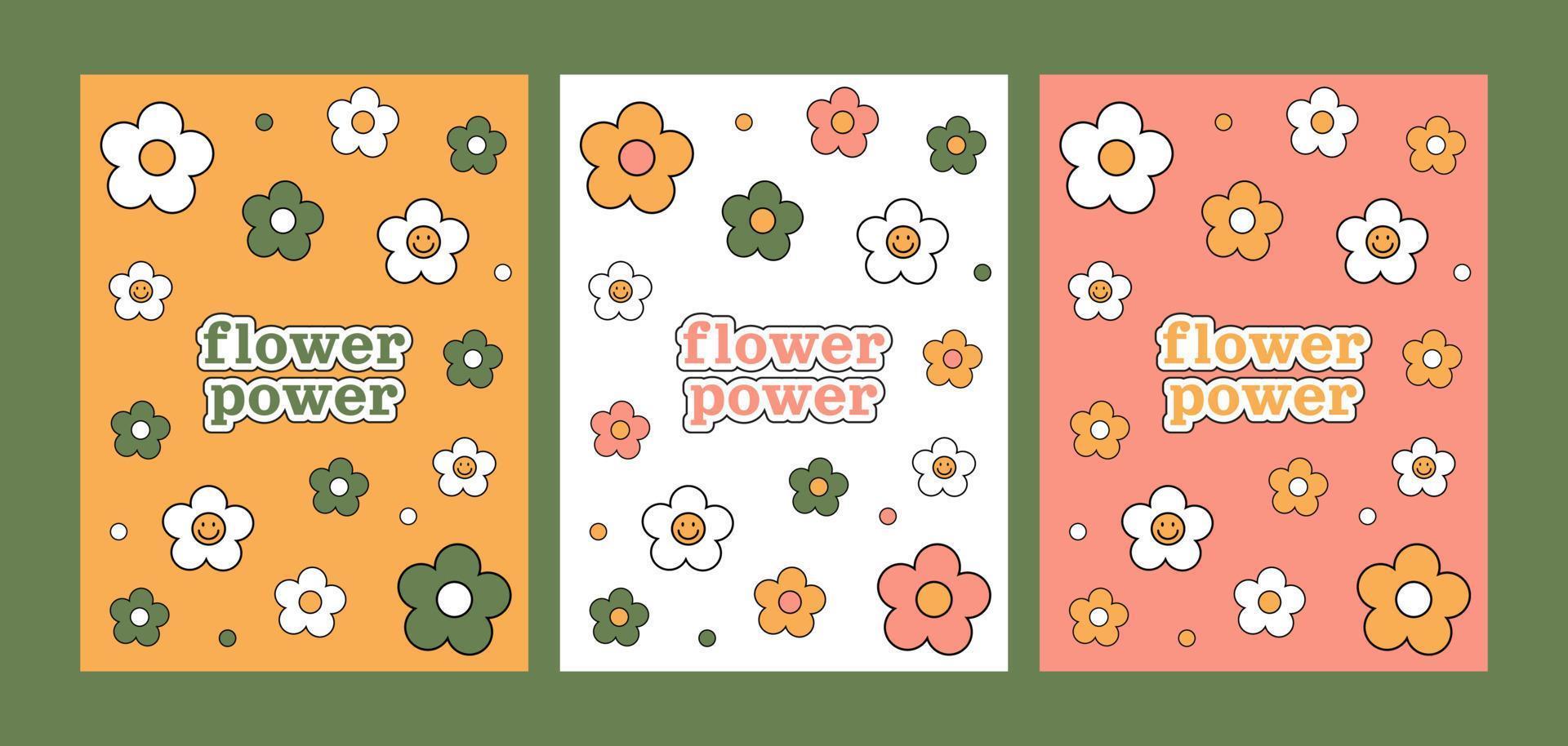 set flower power groovy del 1970. tre cartoline con margherite colorate dei cartoni animati. Sfondo floreale con vibrazioni anni '70. illustrazione vettoriale disegnata a mano trippy.