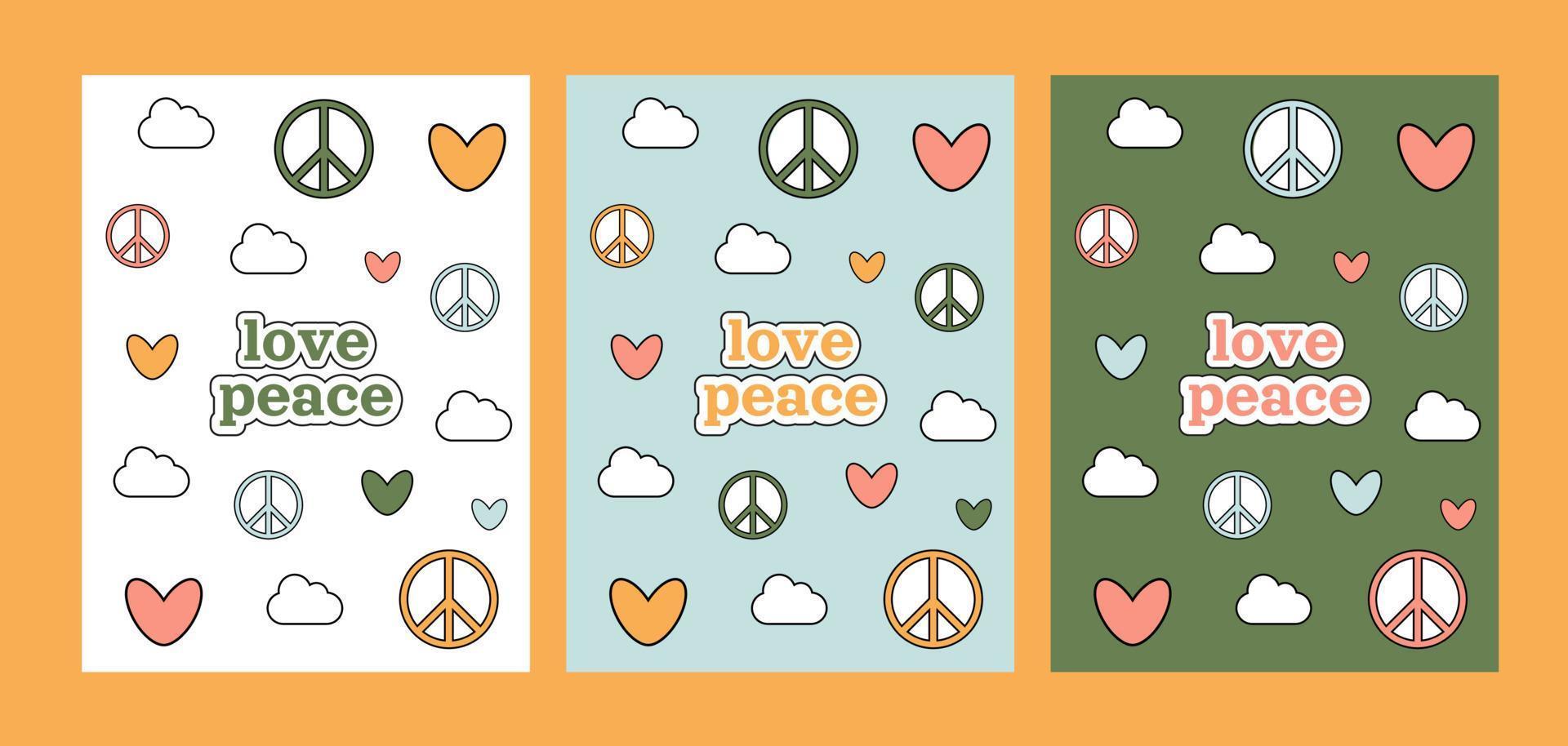 Love Peace Groovy 1970 set. tre cartoline con cuori di cartoni animati colorati e simboli di pace. Sfondo di vibrazioni anni '70. illustrazione vettoriale disegnata a mano trippy.