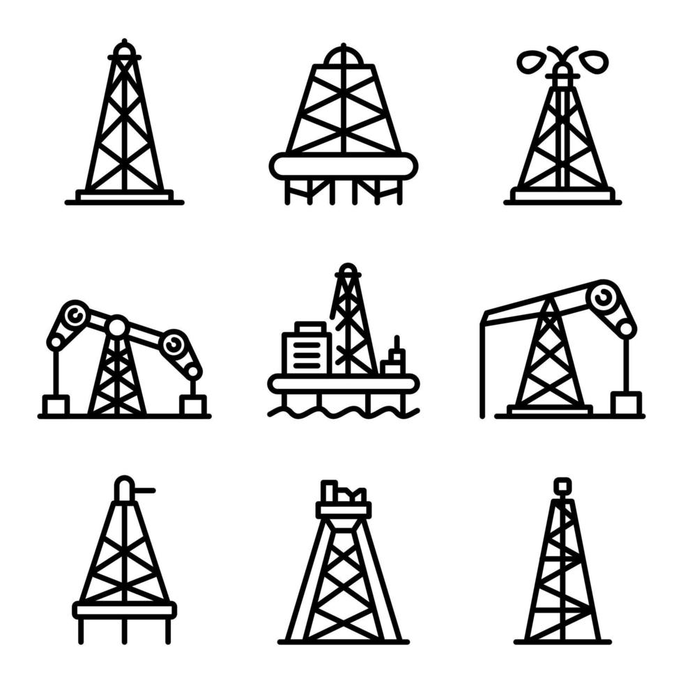 Set di icone dell'olio di derrick, stile del contorno vettore