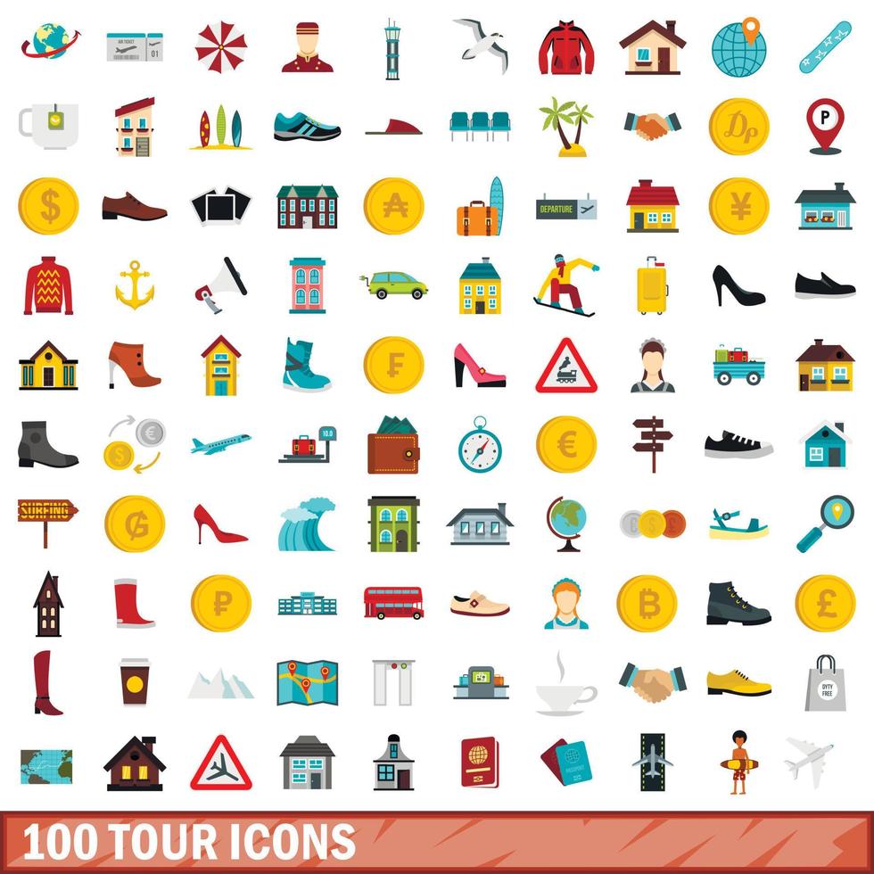 100 set di icone del tour, stile piatto vettore