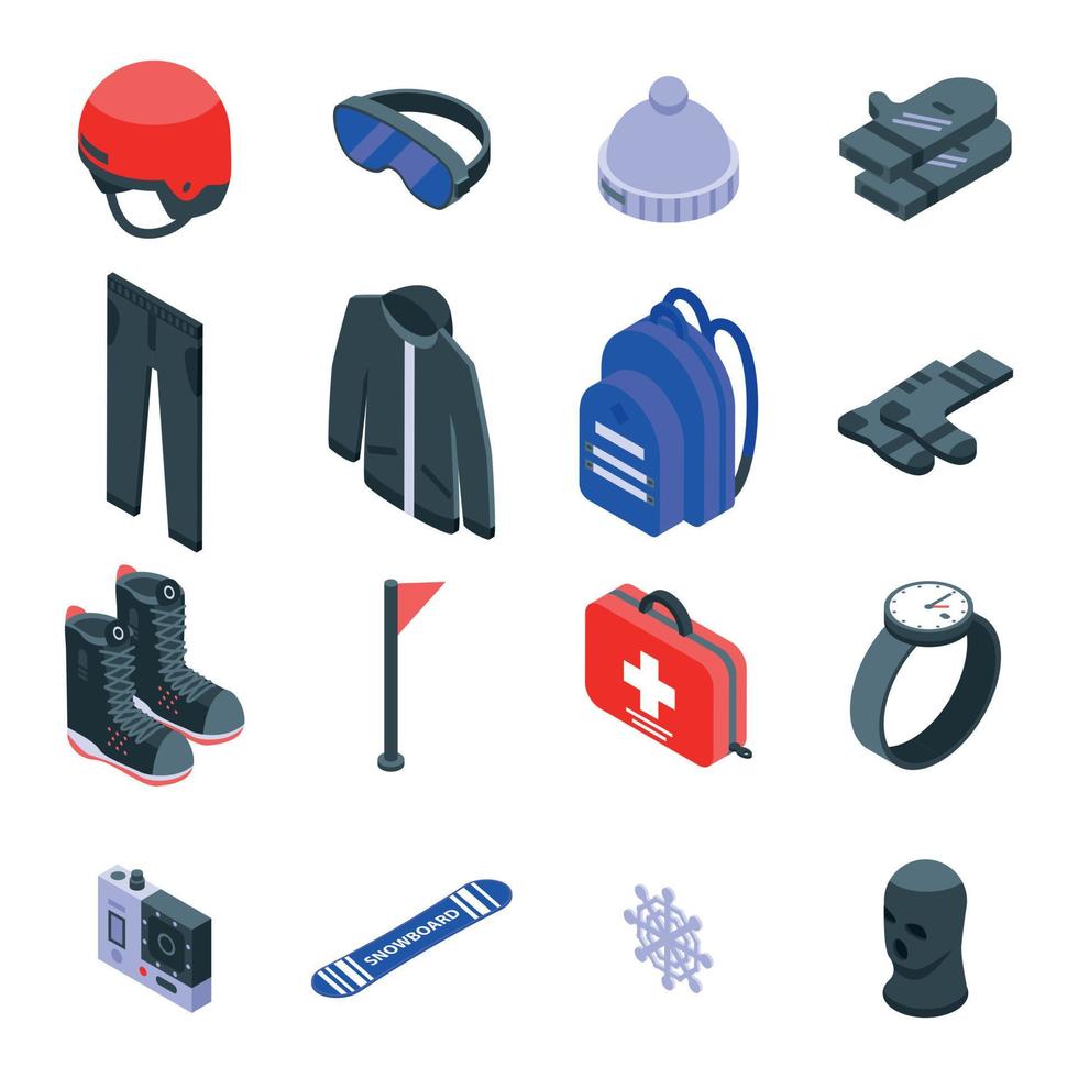 set di icone per attrezzature da snowboard, stile isometrico vettore