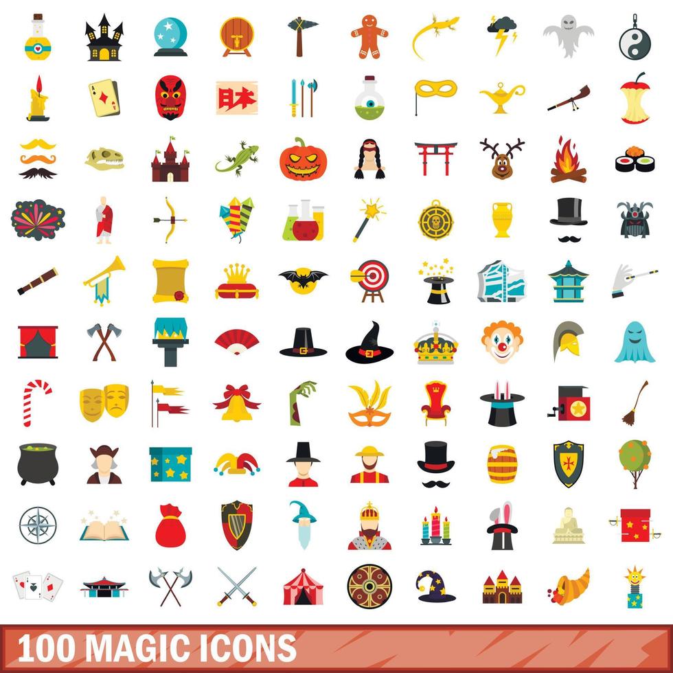 100 icone magiche impostate, stile piatto vettore