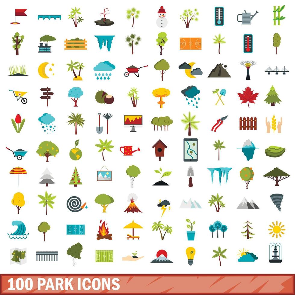100 set di icone del parco, stile piatto vettore