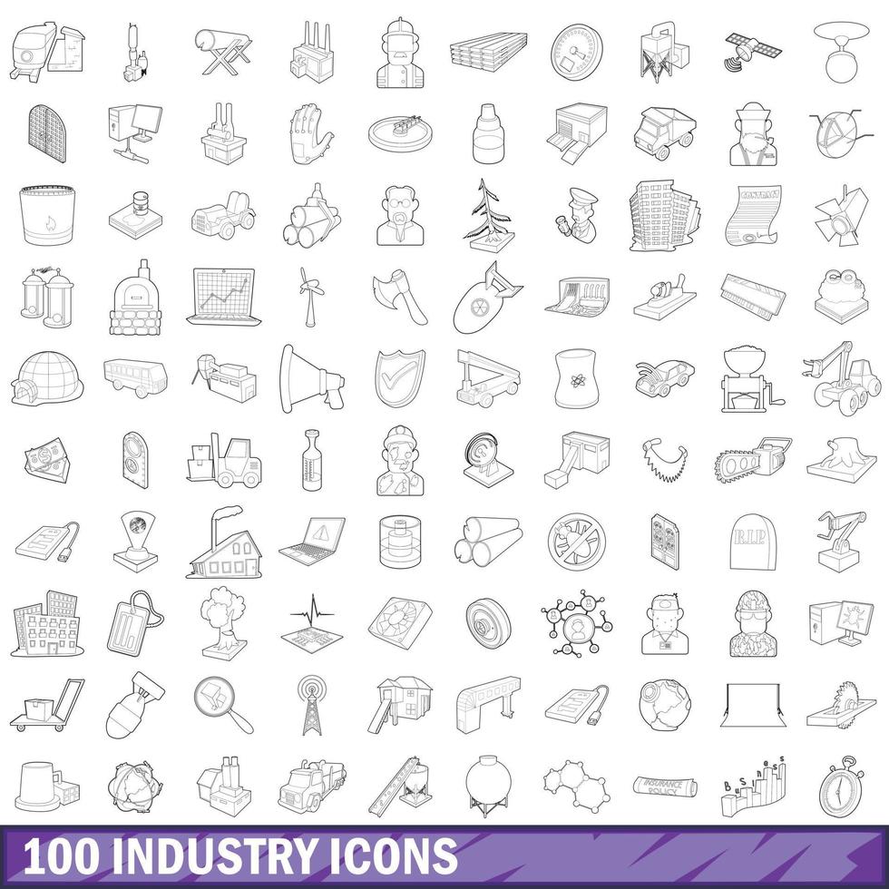 100 icone del settore impostate, stile contorno vettore