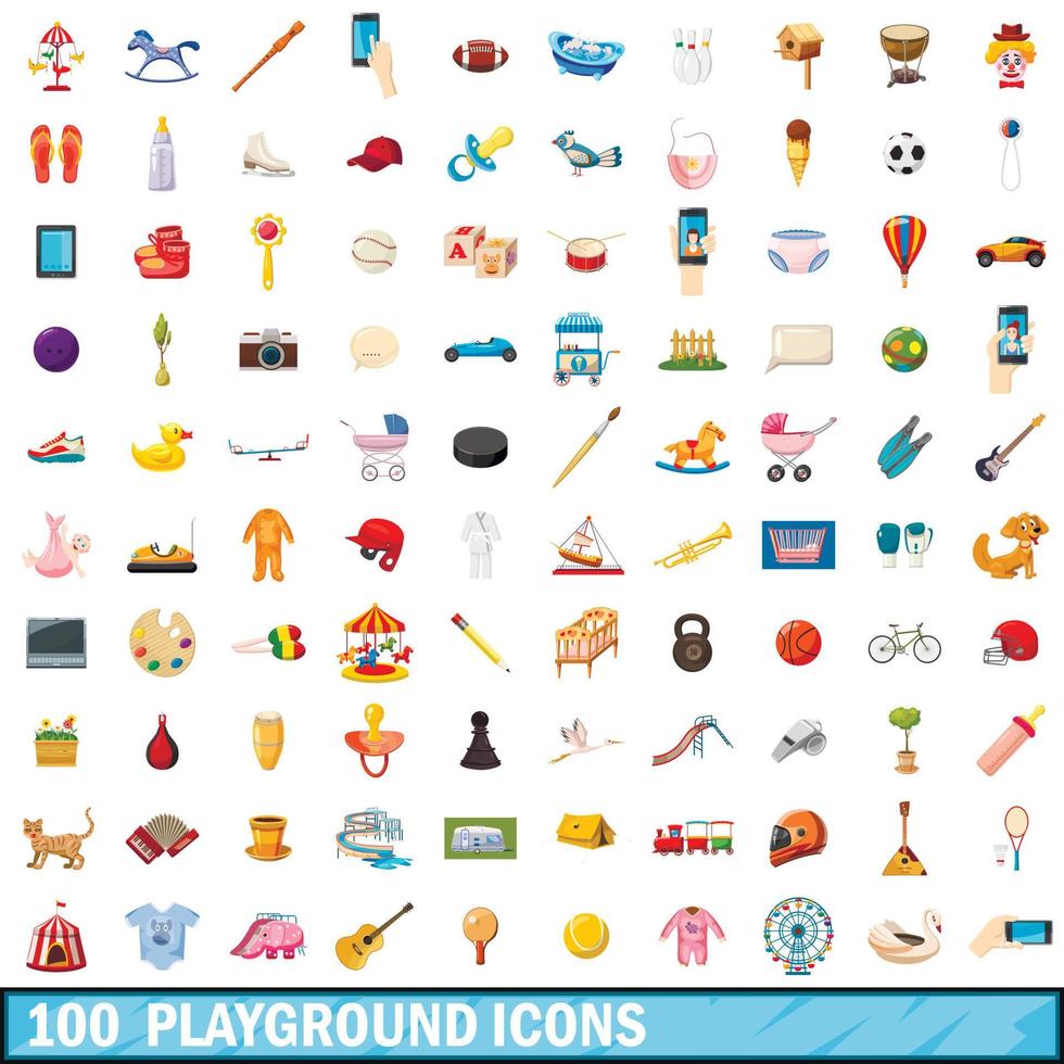 100 set di icone per parchi giochi, stile cartone animato vettore